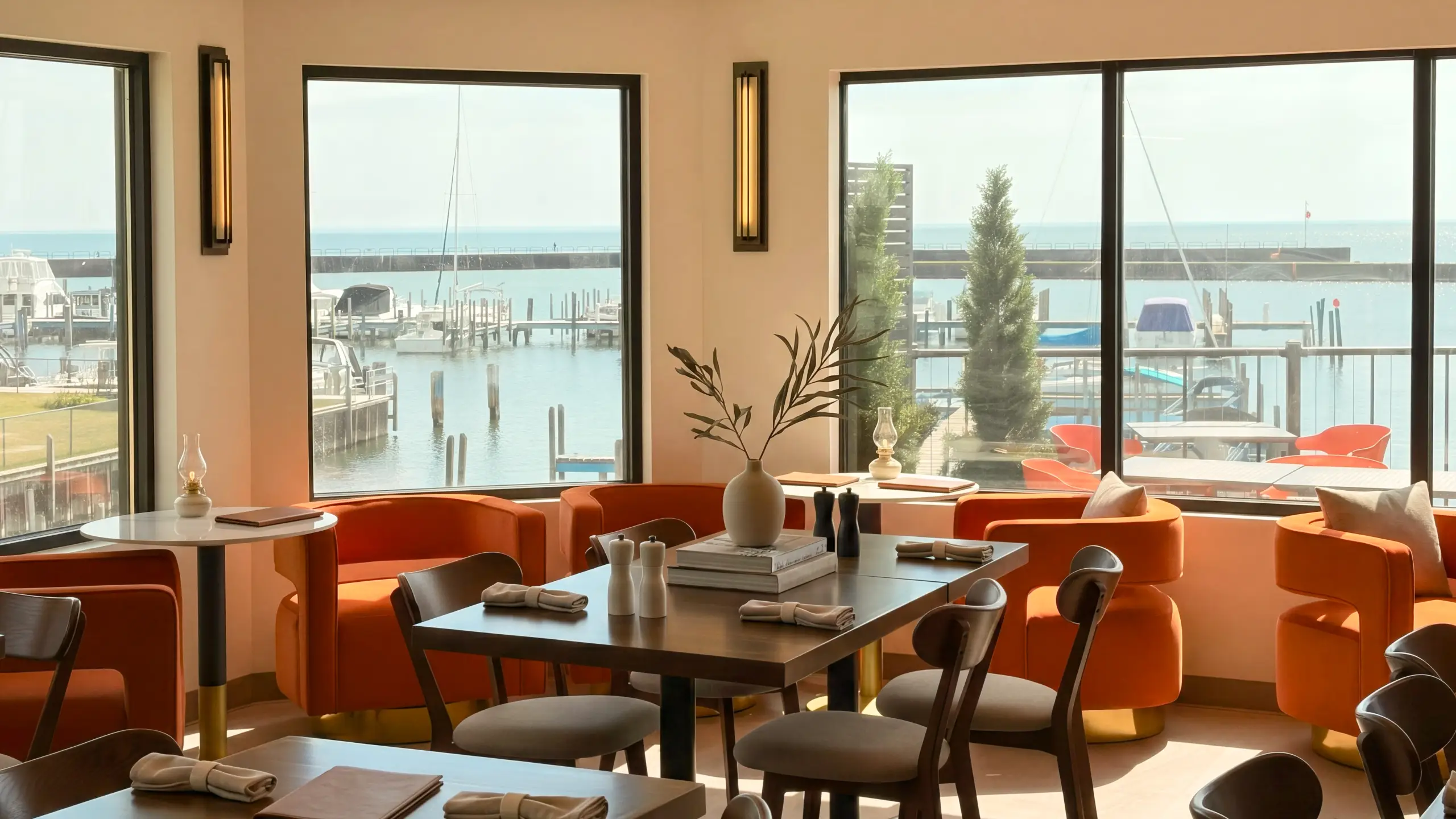A modern restaurant dining room features dark wood tables and bright orange armchairs, overlooking a sunny marina with docked boats through large windows.