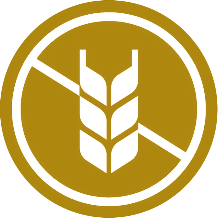 A gold circle icon with a white wheat stalk crossed out by a diagonal white line, representing the "Gluten-Free" designation.