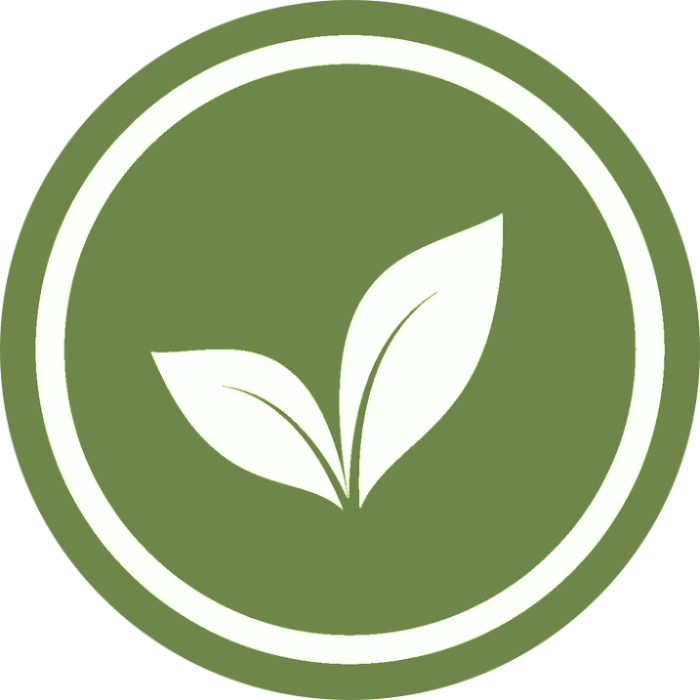 A circular icon featuring two white sprout leaves on a green background, symbolizing a plant-based or vegan option.