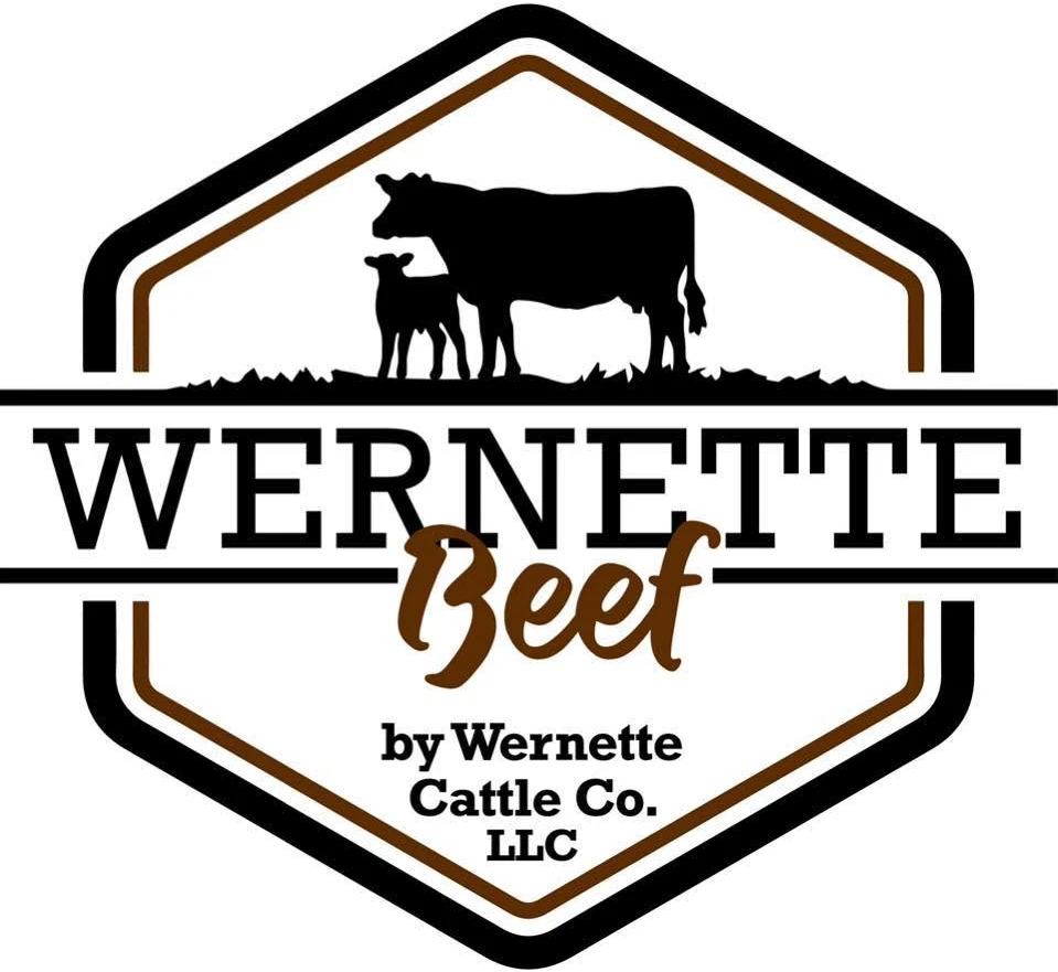 A logo for Wernette Beef featuring black silhouettes of a cow and a calf inside a brown and black hexagonal border. The text also reads "by Wernette Cattle Co. LLC."