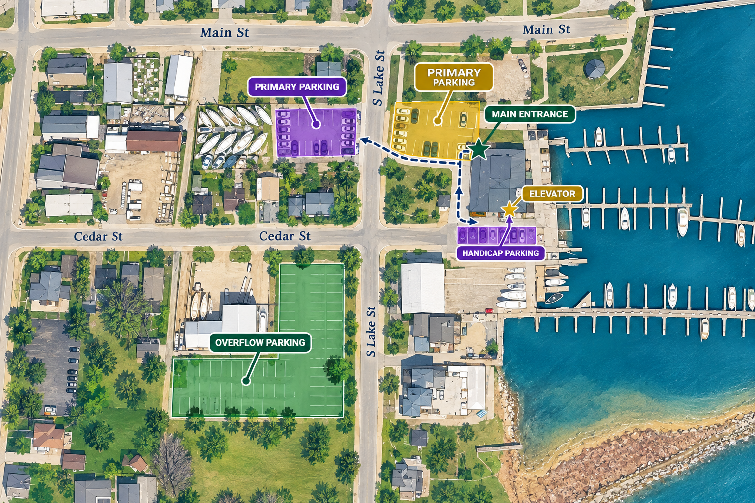 An aerial map illustrating the restaurant's location, marked Main Entrance, and the arrangement of Primary, Overflow, and Handicap parking lots around S Lake St.